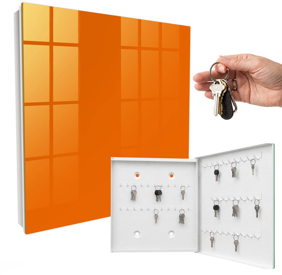 WallMuralia - Sleutelkast - 30x30x5 cm - met 50 haken - Sterk Oranje Sleutelkastje Hal - Oranje Sleutelbox - Rechtsopenend - Wit interieur