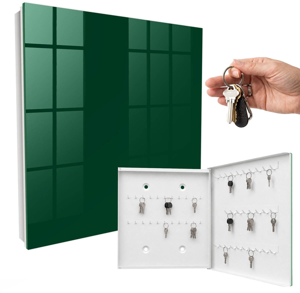 WallMuralia - Sleutelkast - 30x30x5 cm - met 50 haken - Flesgroen Sleutelkastje Huis - Groente Sleutelbox - Rechtsopenend - Wit interieur