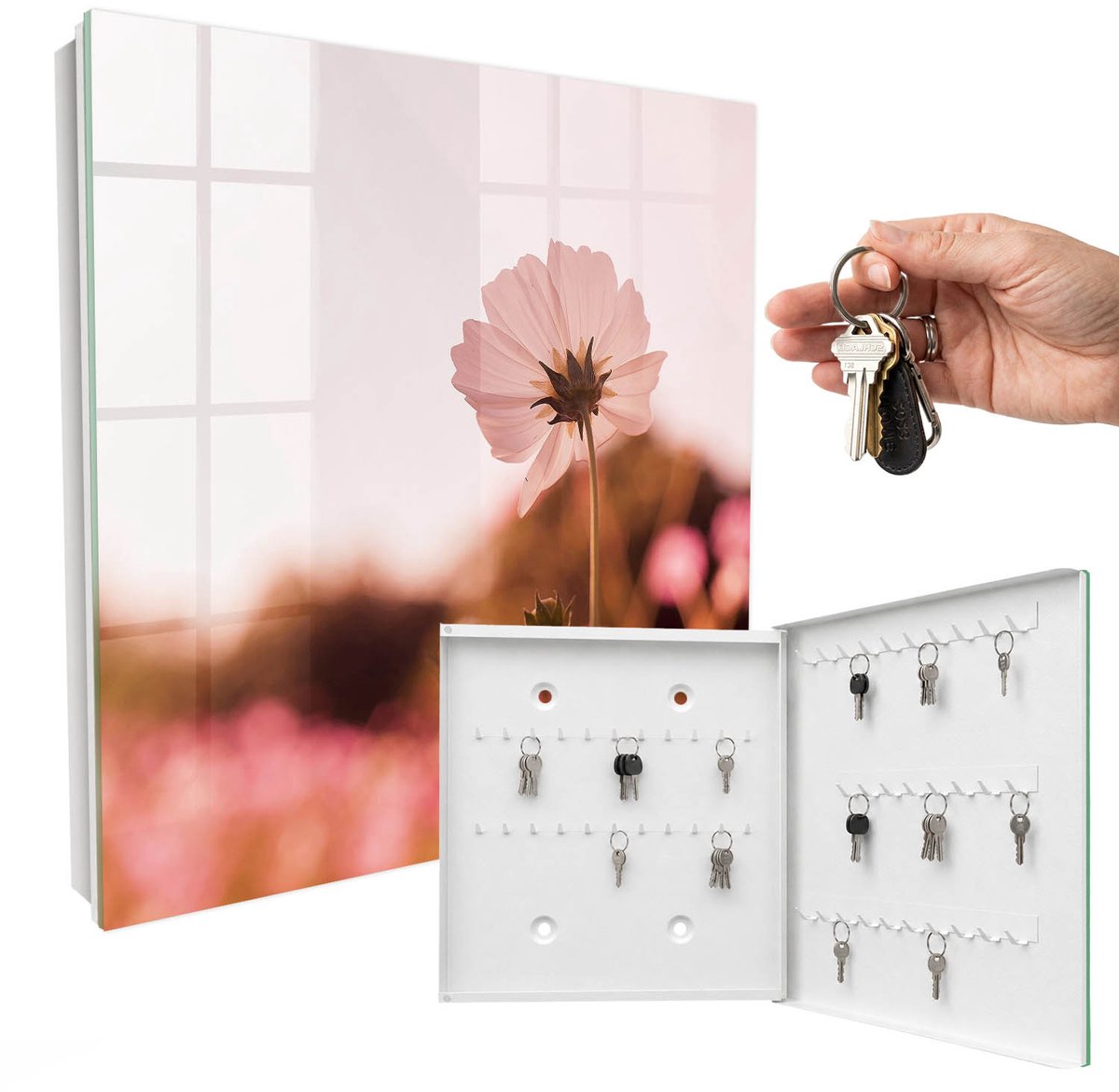 WallMuralia - Sleutelkast - 30x30x5 cm - met 50 haken - Bloemige Elegantie Sleutelkastje Landelijk - Roze Sleutelbox - Rechtsopenend - Wit interieur