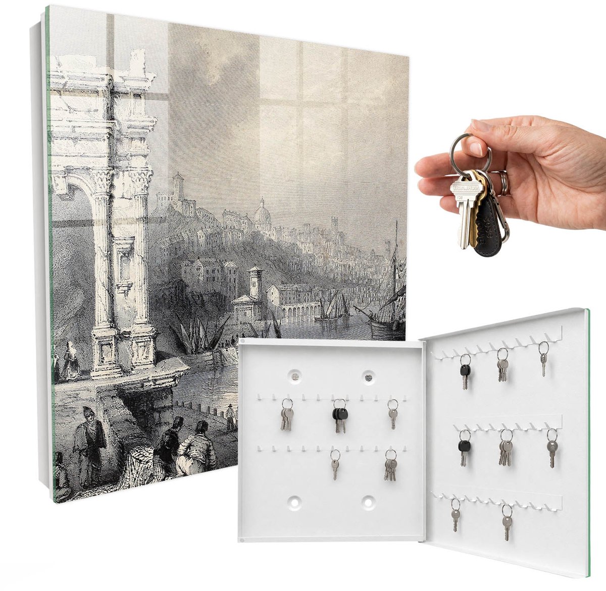 WallMuralia - Sleutelkast - 30x30x5 cm - met 50 haken - De Boog Van Trajanus En De Citadel Van Ancona Sleutelkastje Industrieel - Grijs Sleutelbox - Rechtsopenend - Wit interieur