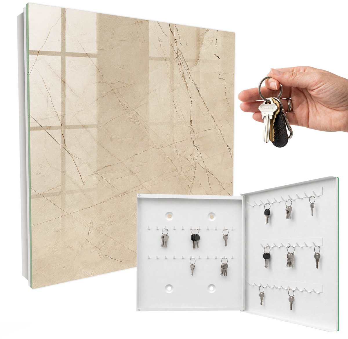 WallMuralia - Sleutelkast - 30x30x5 cm - met 50 haken - Marmercreatie Sleutelkastje Muur - Romig Sleutelbox - Rechtsopenend - Wit interieur
