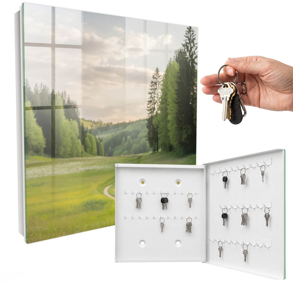 WallMuralia - Sleutelkast - 30x30x5 cm - met 50 haken - Idyllisch Landschap Sleutelkastje Modern - Groente Sleutelbox - Rechtsopenend - Wit interieur