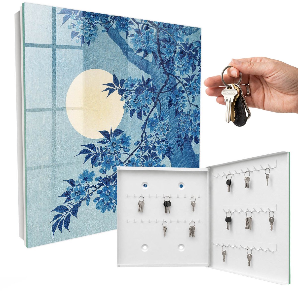 WallMuralia - Sleutelkast - 30x30x5 cm - met 50 haken - Maanverlichte Nacht Sleutelkastje Gang - Blauw Sleutelbox - Rechtsopenend - Wit interieur