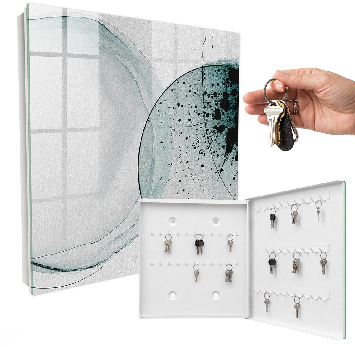 WallMuralia - Sleutelkast - 30x30x5 cm - met 50 haken - Elegante Abstractie Sleutelkastje Muur - Grijs Sleutelbox - Rechtsopenend - Wit interieur