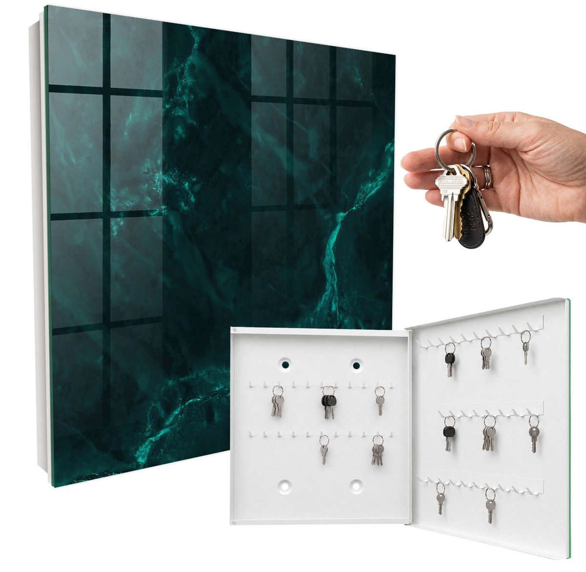 WallMuralia - Sleutelkast - 30x30x5 cm - met 50 haken - Groene Diepte Sleutelkastje Design - Groente Sleutelbox - Rechtsopenend - Wit interieur