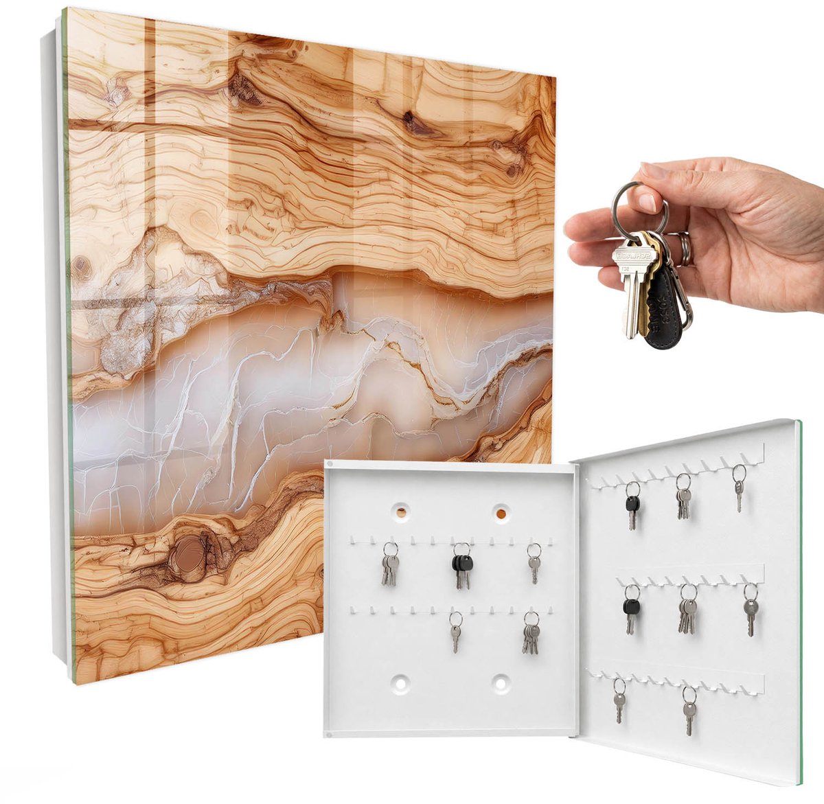 WallMuralia - Sleutelkast - 30x30x5 cm - met 50 haken - Houten Patroon Sleutelkastje Hal - Bruin Sleutelbox - Rechtsopenend - Wit interieur
