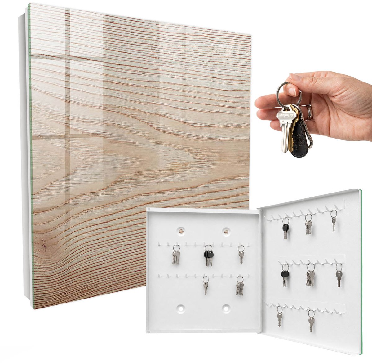 WallMuralia - Sleutelkast - 30x30x5 cm - met 50 haken - Houtstructuur Sleutelkastje Modern - Beige Sleutelbox - Rechtsopenend - Wit interieur