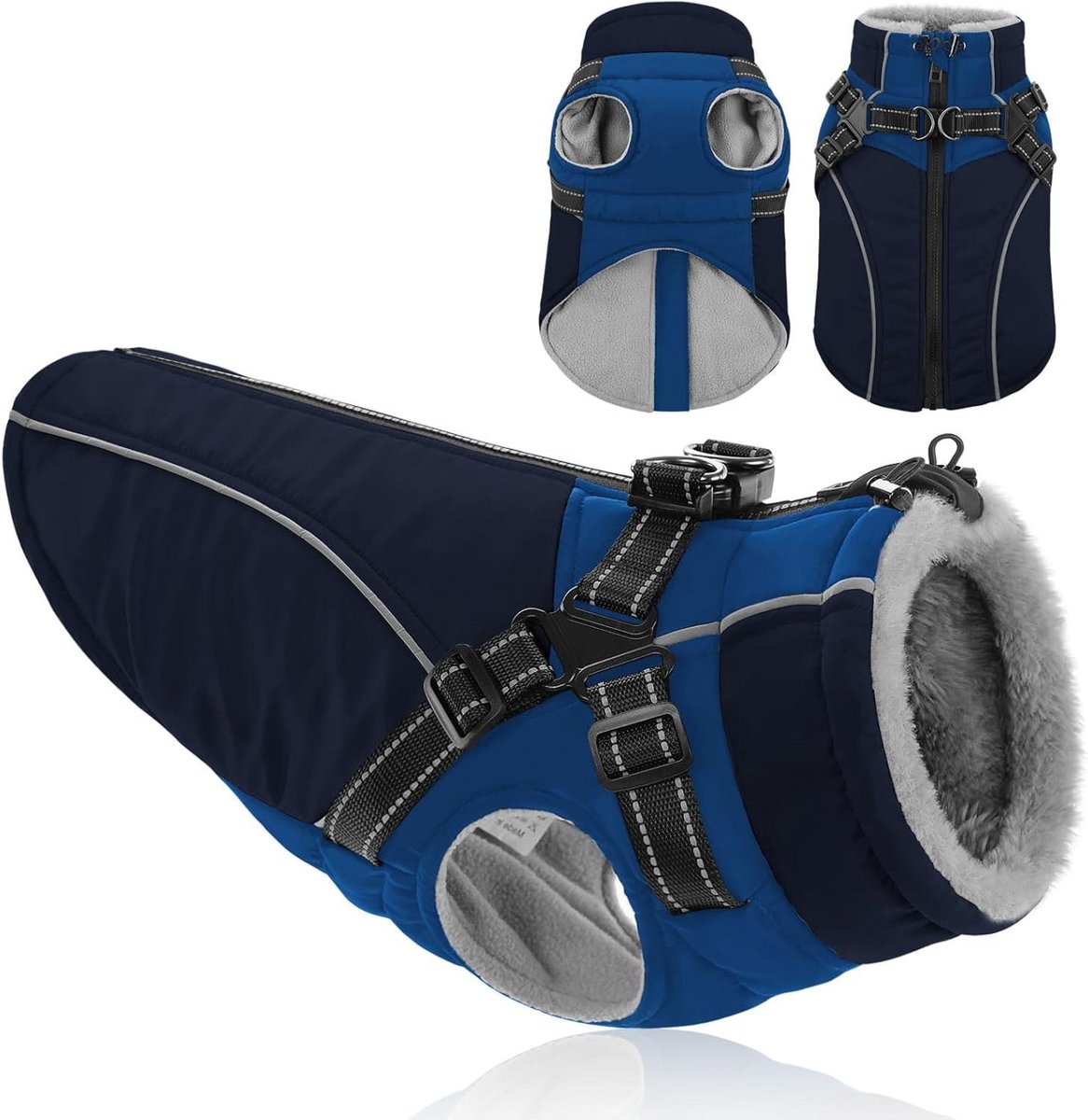 Hondenjas met Harnas - Honden winterjas Hondenkleding - Hond Uitlaten - Waterdicht en Reflecterend - Maat L - Blauw