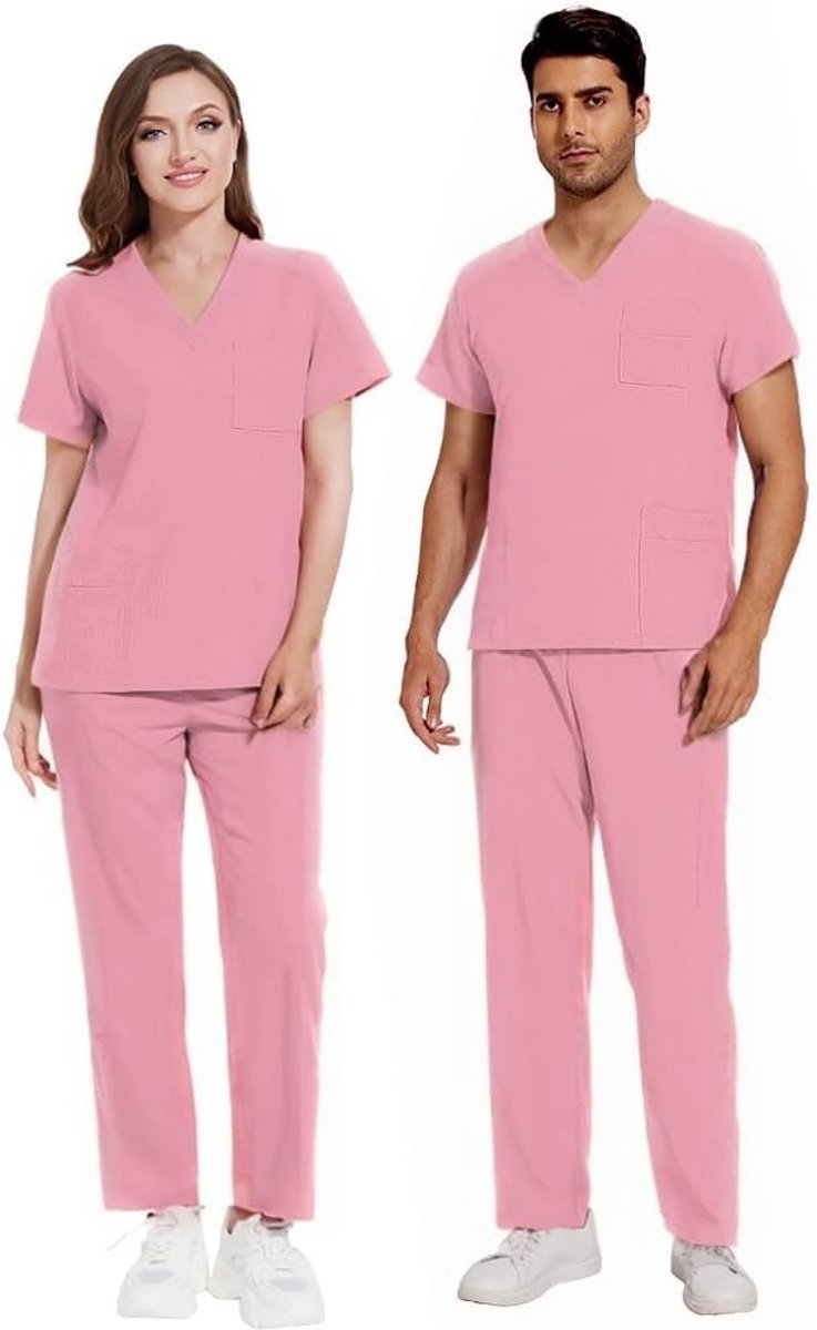 Medische Uniform Set voor Vrouwen met V-hals, Korte Mouwen en Rechte Broek - 8 Zakjes, Rekbaar en Vochtregulerend