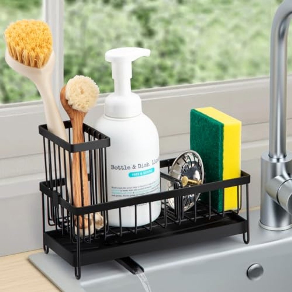 Huis Geluk Spoelbak Organizer Zwart, RVS Keukenorganizer met Zelfledigende Afvoer, Gootsteen Organizer met Opbergdoos voor Afwasborstels