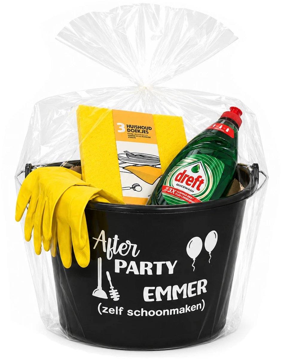 Emmer - After Party in geschenkverpakking - Gevulde cadeau emmer - met tekst - Verpakt in cellofaan - 12 liter - zwart - Verjaardag man & Vrouw - Jubilieum cadeau - Geslaagd cadeau