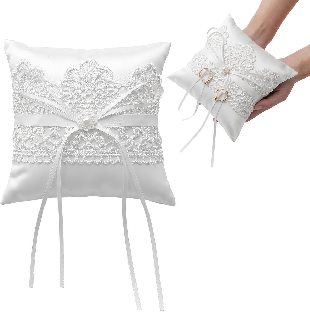 Elegante trouwringdragerkussen met kant en parels, ideaal voor ceremonie, verlovingsfeest en bruidsdouche, 14,9 x 13,9 cm