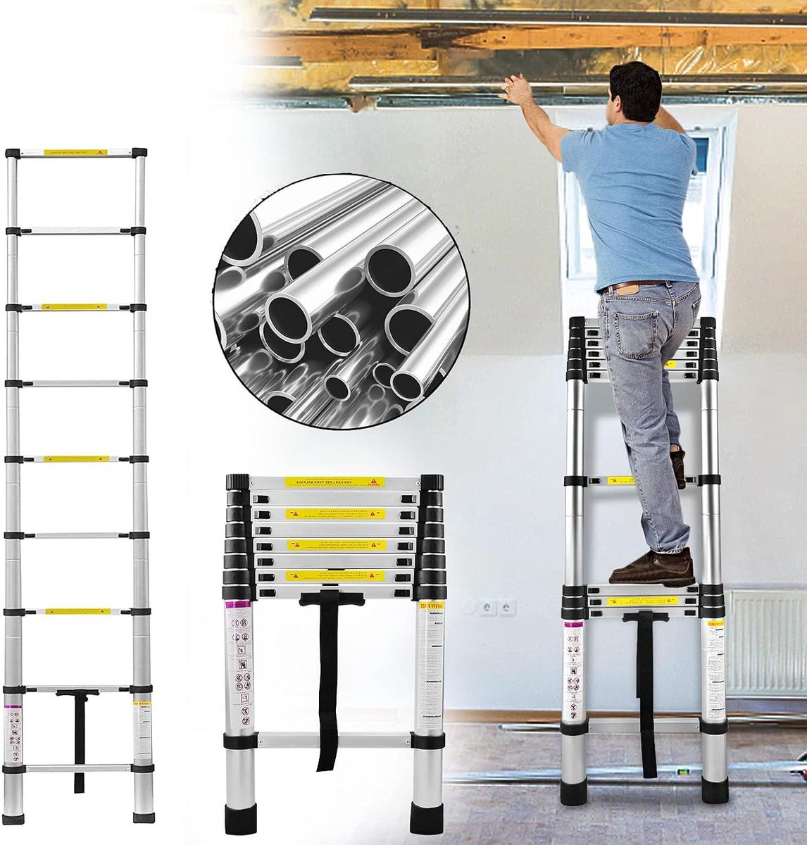 Telescopische ladder - Uittrekbare ladder - Kluswerk en onderhoud - Vingerveiligheid instellingen - 260 cm hoog - Zilver