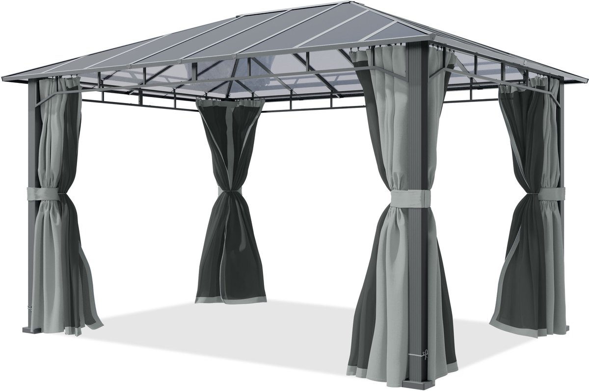 TOOLPORT Tuinpaviljoen 3x4 m, aluminium, polycarbonaat dak ca. 8 mm, grijs - met zijwanden en muggennetten