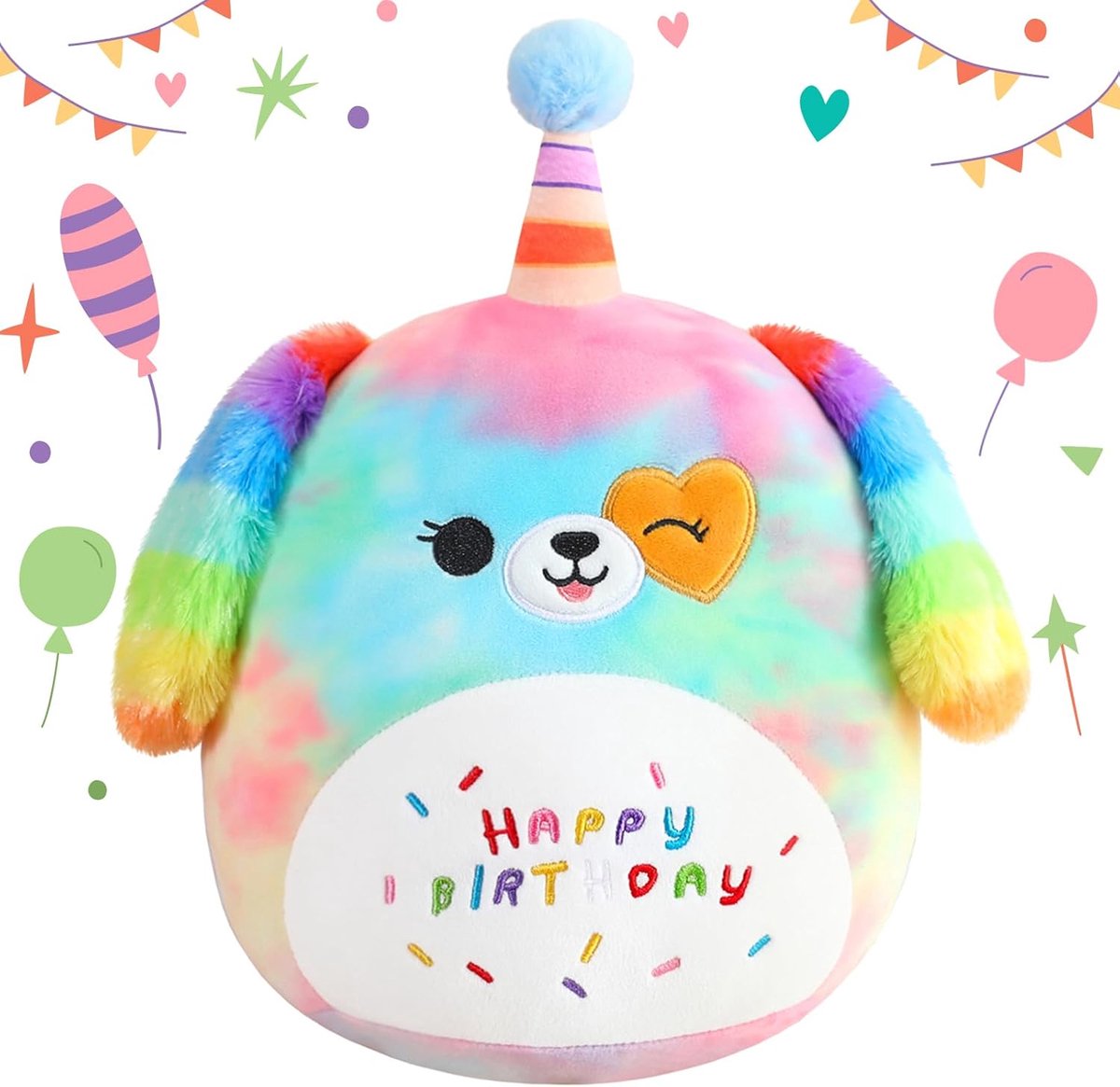 Happy Birthday knuffeldier, 10" regenboog hond, zachte knuffel, leuk pluche kussen, eenhoorn hond pluche speelgoed voor kind, meisje, jongen 25CM