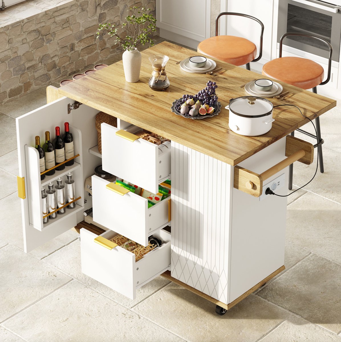 Keukenkast Met Uitklapbaar Werkblad En Stroomaansluiting - 134 Cm - MDF Metaal - Wit - Met Wielen