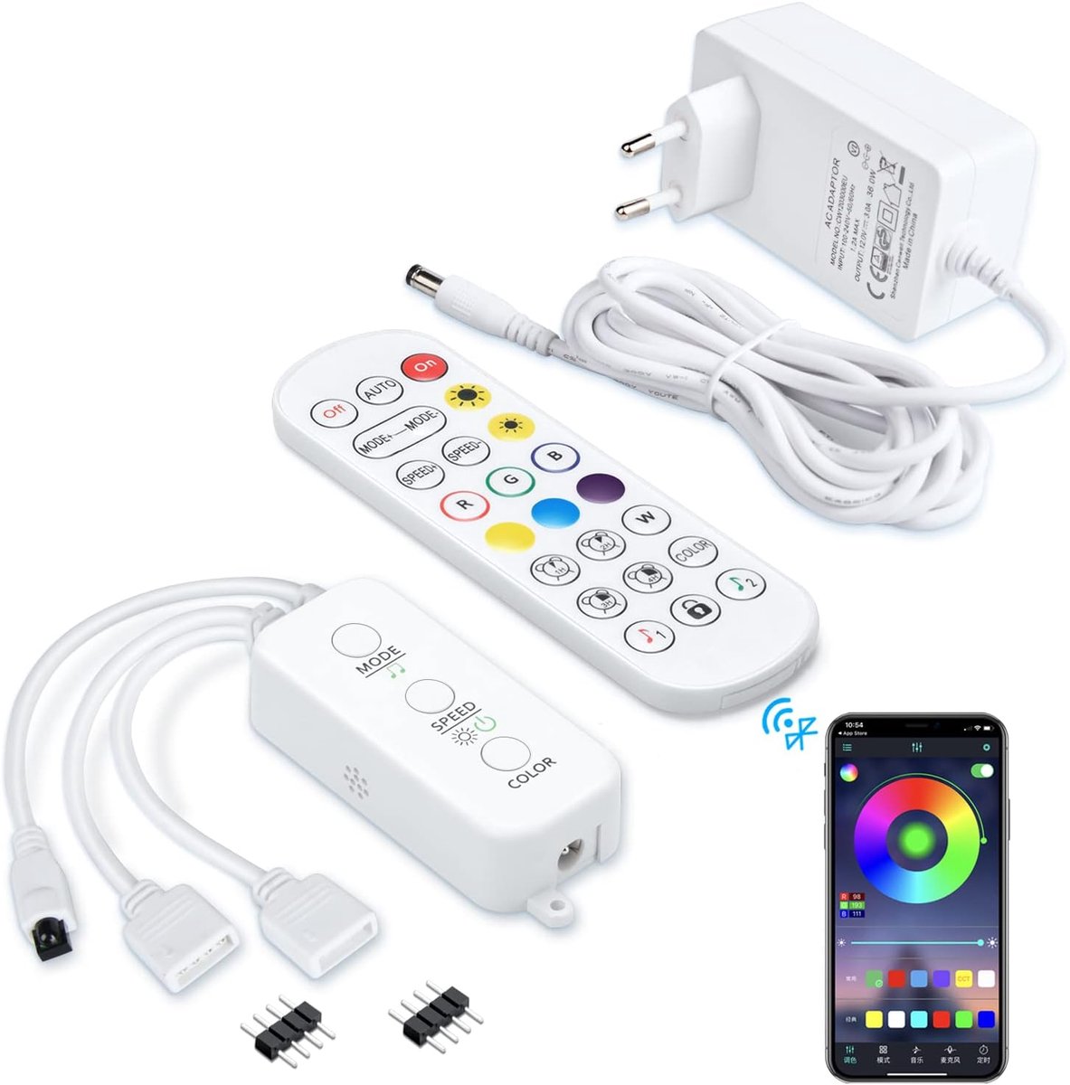 Bluetooth led-controller, 12 V, 2 poorten | RGB-controller met voeding, adapter voor SMD-ledstrips, app-besturing