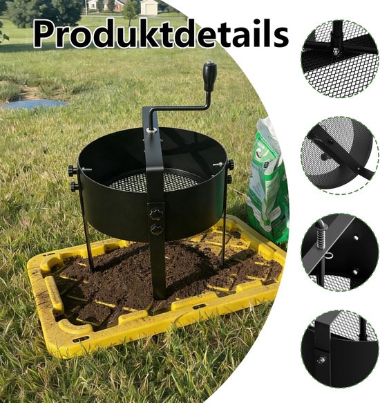 Tuinzeef met handslinger, metaal, diameter 30 cm, met 4 zeven (3/6/9/12 mm), efficiënte zeef voor aarde, stenen, zand, compost, onkruid – verwisselbare zeef voor tuinieren — afbeelding 3