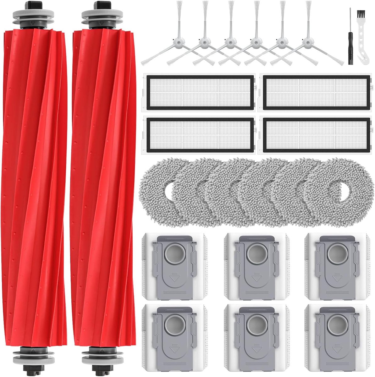 26 stuks Qrevo S accessoires voor Roborock Qrevo Pro/Qrevo S/Qrevo MaxV stofzuiger, 2 hoofdborstels, 4 HEPA-filters, 6 stofzakken, 6 reinigingsdoekjes, 6 zijborstels