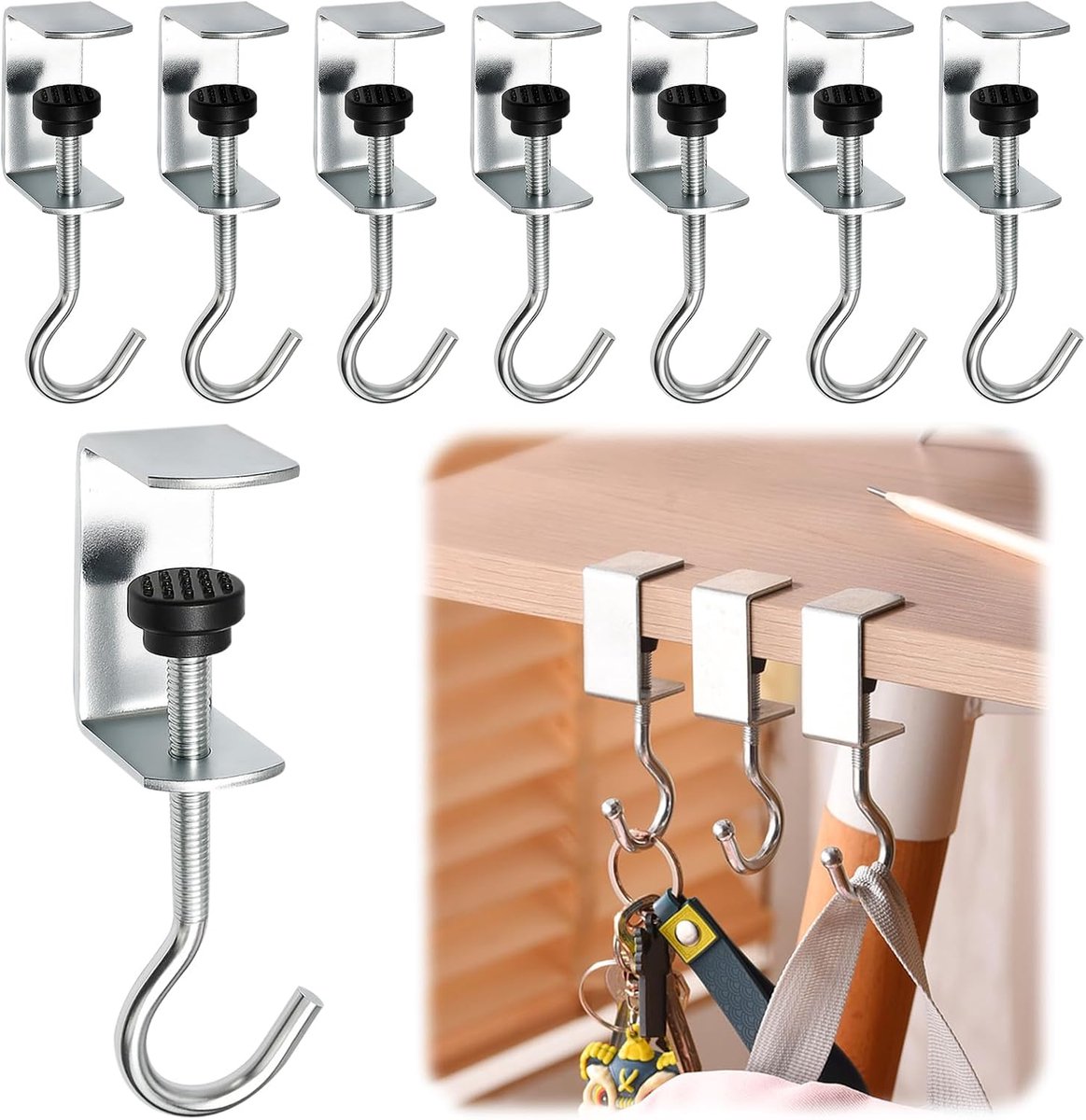 8 stuks tafelhaken om te klemmen, verstelbare handtashaken, handtassenhouder voor bureaus, rugzak, bureau, hoofdtelefoon