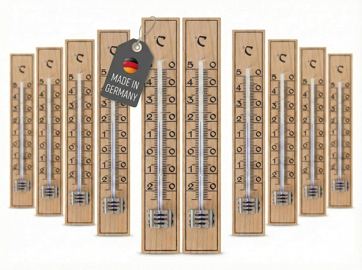 10 stuks houten thermometer, temperatuurbereik van -30 tot 50 °C, klassieke analoge houten thermometer voor binnen en buiten, ideaal als tuinthermometer, buitenthermometer, milieuvriendelijk
