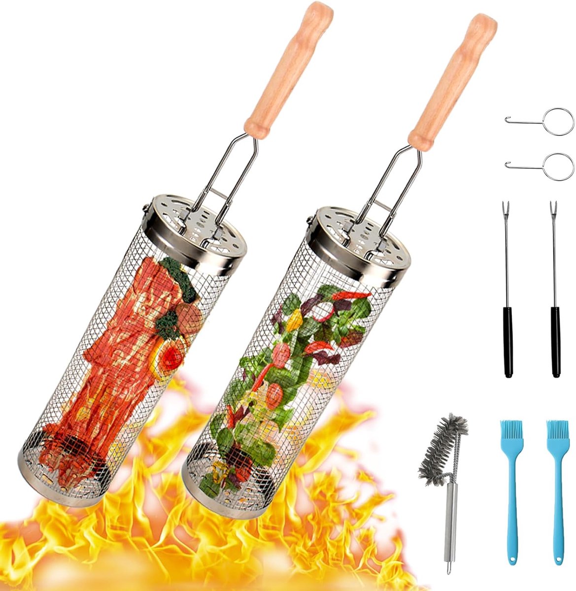 2 stuks grillmand van roestvrij staal met afneembare handgreep
