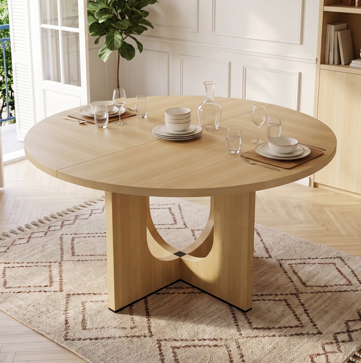 Wishdor Ronde eettafel - 120 cm voor 4-6 personen - Scandinavisch design - MDF - Eikenkleur - Klassiek model voor eetkamer en woonkamer