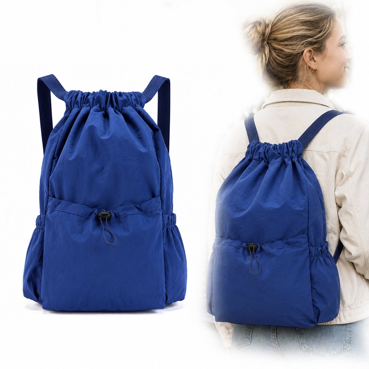 Ulisem - Gymtas met Trekkoord – Opvouwbare Rugzak 20L – Lichtgewicht Cinch Bag – Waterafstotende Sporttas – Dagrugzak voor Reizen, Winkelen, Fitness & Outdoor – Blauw