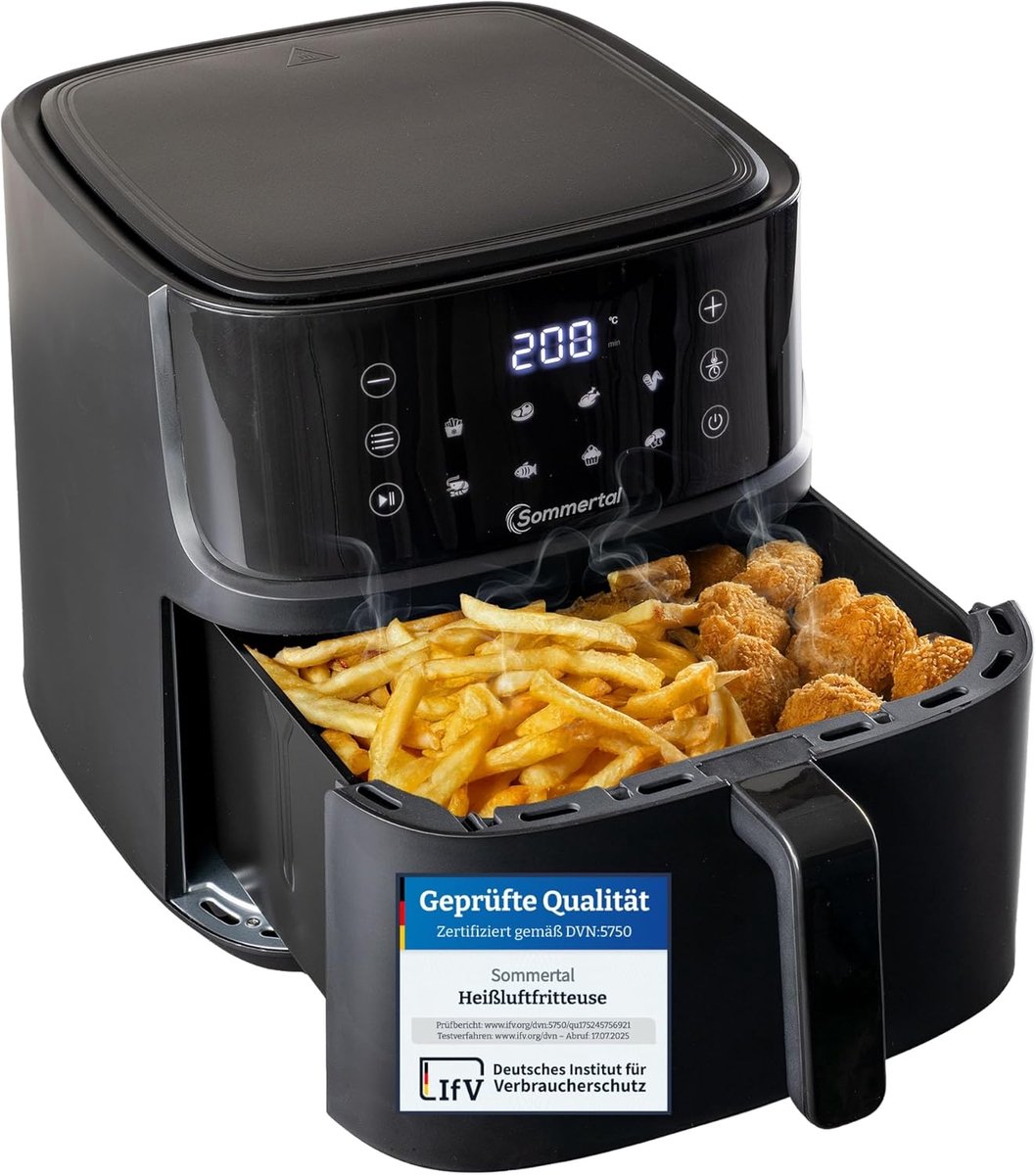 SnelShoppen - XXL Heteluchtfriteuse 7.6L, Energiezuinig, Gezond Koken, Touchscreen, 8 Programma's, 2000 Watt, Voor 8-12 Personen, Grote Frituurpan, Ke