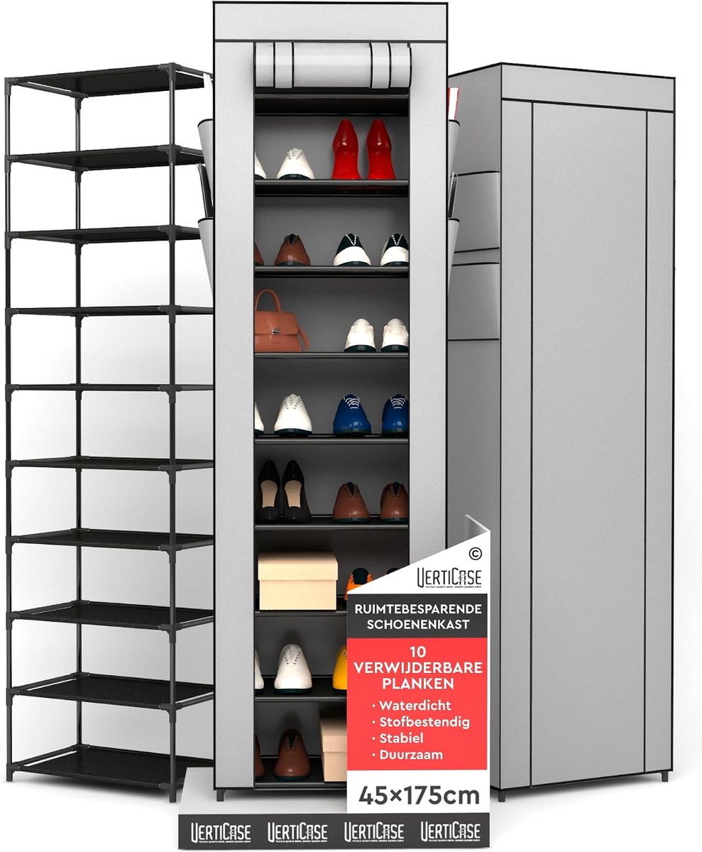 SnelShoppen - Schoenenrek 10 Niveaus - Grijs Schoenkast met Stofafdekking 45x175x28cm - Ruimtebesparend Smal Waterdicht Verticaal - Voor Sportschoenen