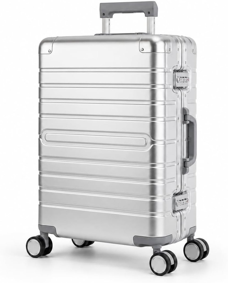 SnelShoppen - Aluminium Reis Koffer 100% Aluminium Hard Shell Koffer L met Telescoop Handvat, TSA, 4 Wielen, Zilver, M, Ideaal voor Vliegtuigreizen