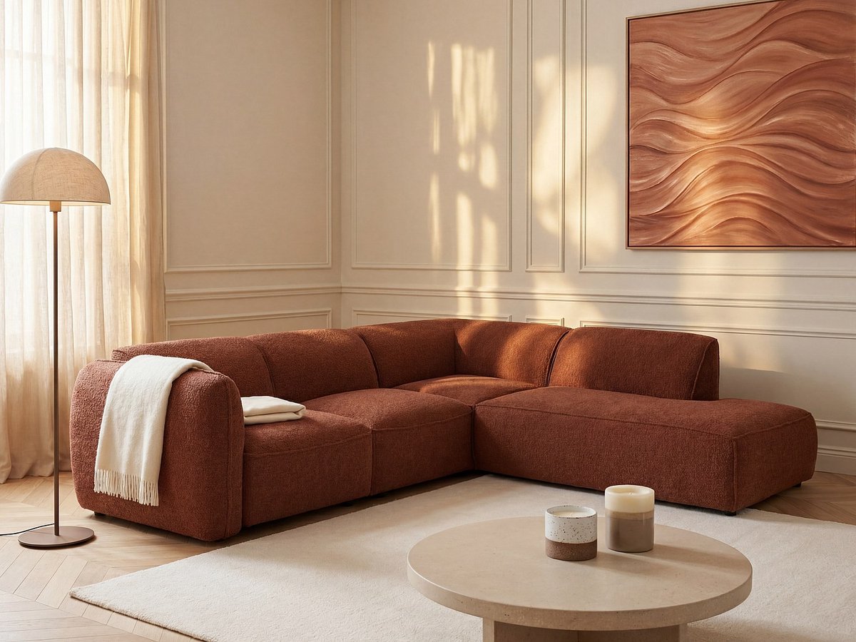Vente-unique Modulaire zitbank met hoek rechts en verstelbare rugleuning in terracotta chenillestof van Maison Céphy CAMILIO