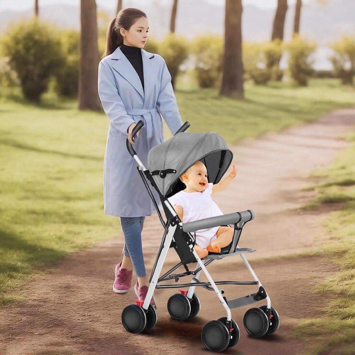 Kinderwagen 4 wielen - Compacte wandelwagen baby - Veilig reizen kind - Niet-opblaasbare schuimwielen