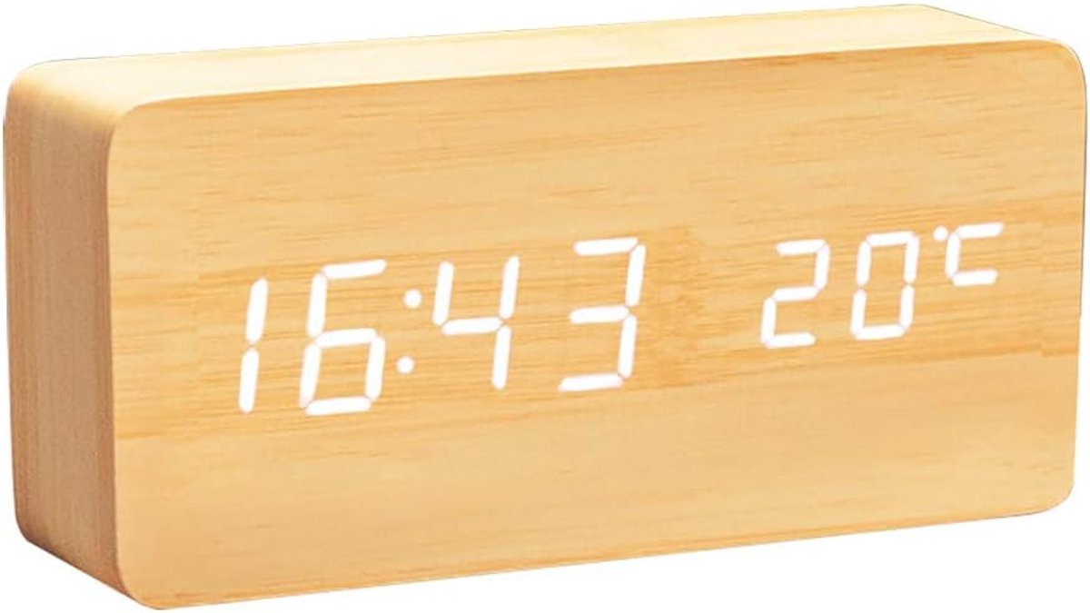 SnelShoppen - Houten Digitale Klok – Multifunctionele LED Alarmklok met Tijd/Datum/Temperatuurweergave en Stemcontrole voor Thuis en Reizen – AC11 Gee