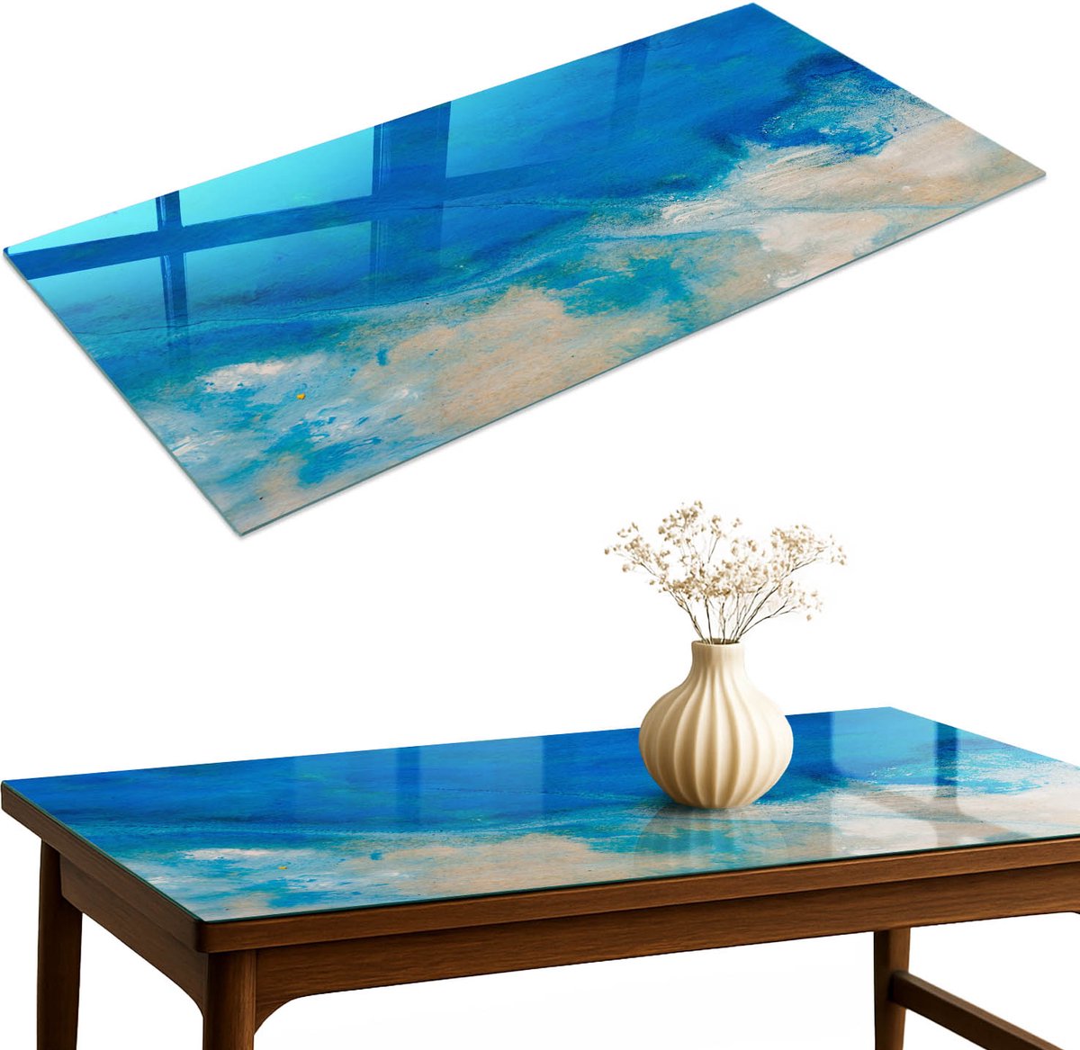 ArtPrintCave Oceaandiepten Glazen Tafelblad 120x60 cm - Tafelblad Rechthoek - Blauw Glazen Eettafel - Abstractie Terrastafel