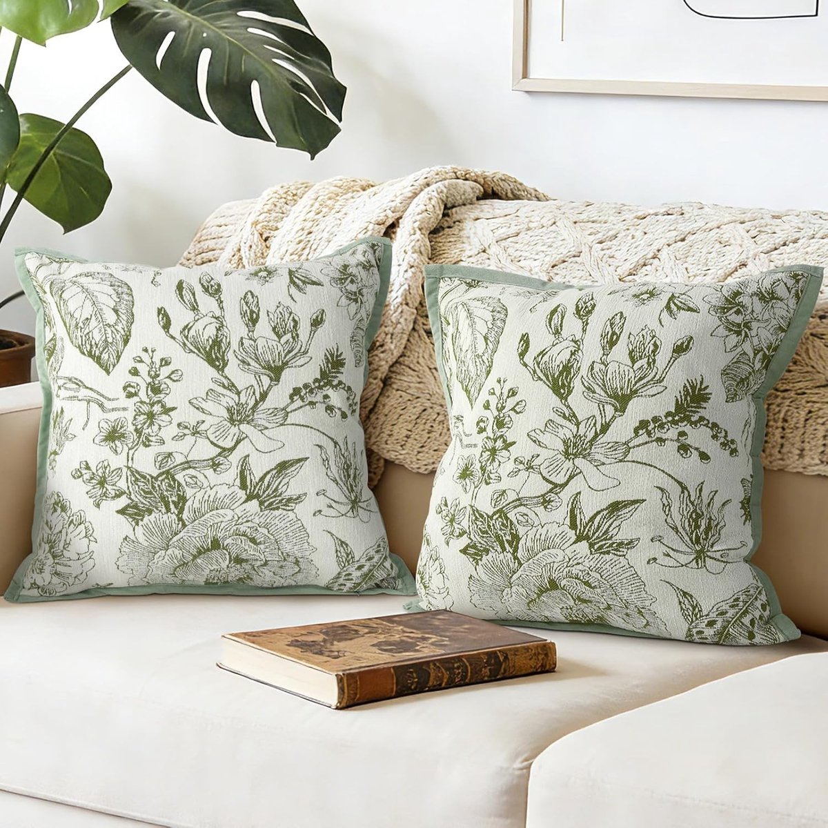 Tropische Bladeren Kussenhoezen 45x45 cm - Set van 2 Vierkante Kussens met Jacquard Design, Decoratief voor Bank en Stoelen, Onzichtbare Rits