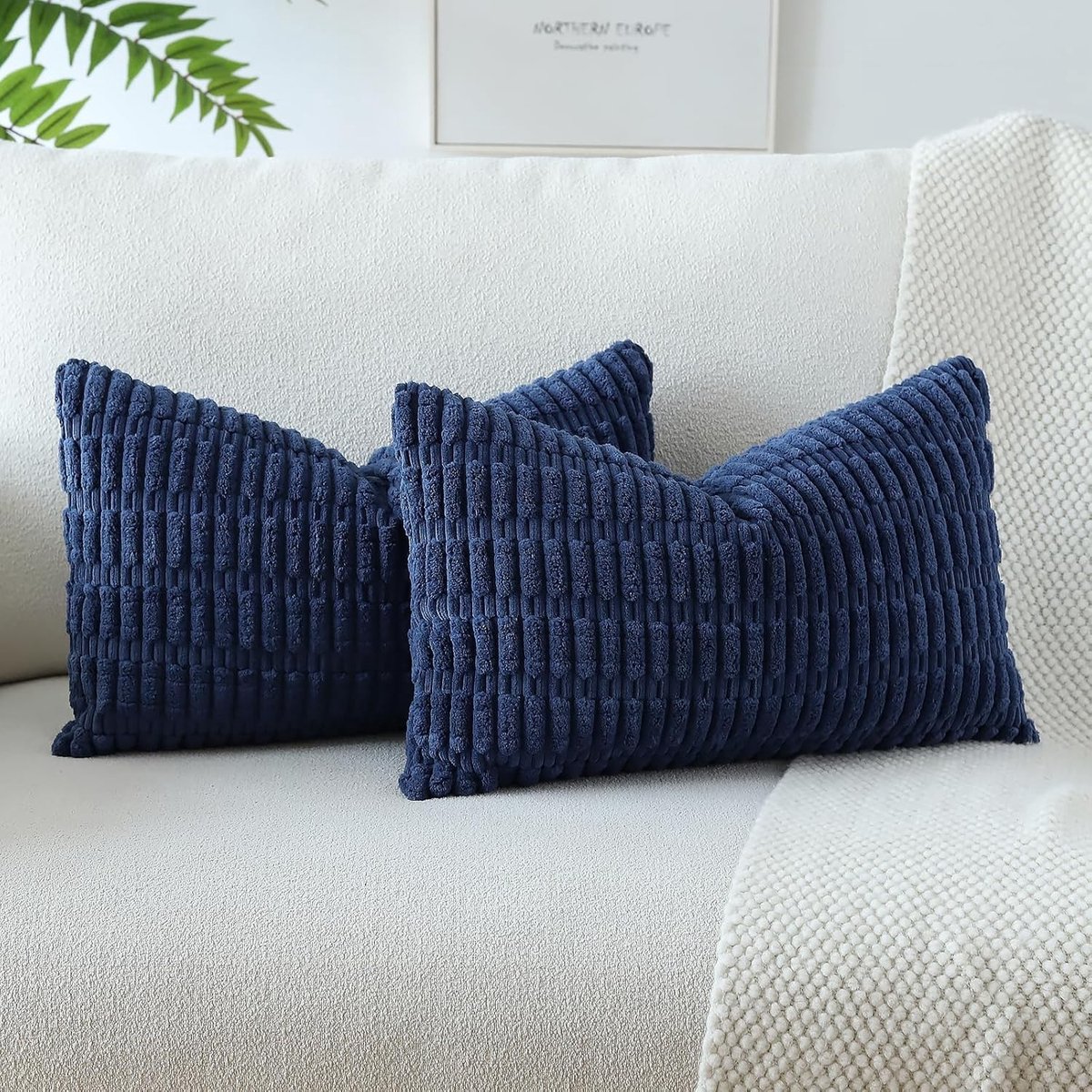 Set van 2 Zachte Corduroy Kussenhoezen, Moderne Decoratieve Kussens voor Bank en Slaapkamer, Donkerblauw 12 x 20 Inch 30 x 50 cm