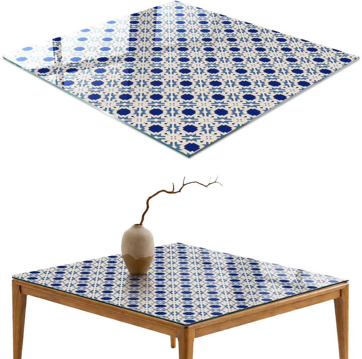 ArtPrintCave Geometrische mozaïek Glazen Tafelblad - 50x50 cm - Tafelblad Vierkanten - Blauw Glazen Eettafel - Achtergronden en patronen Keukentafel