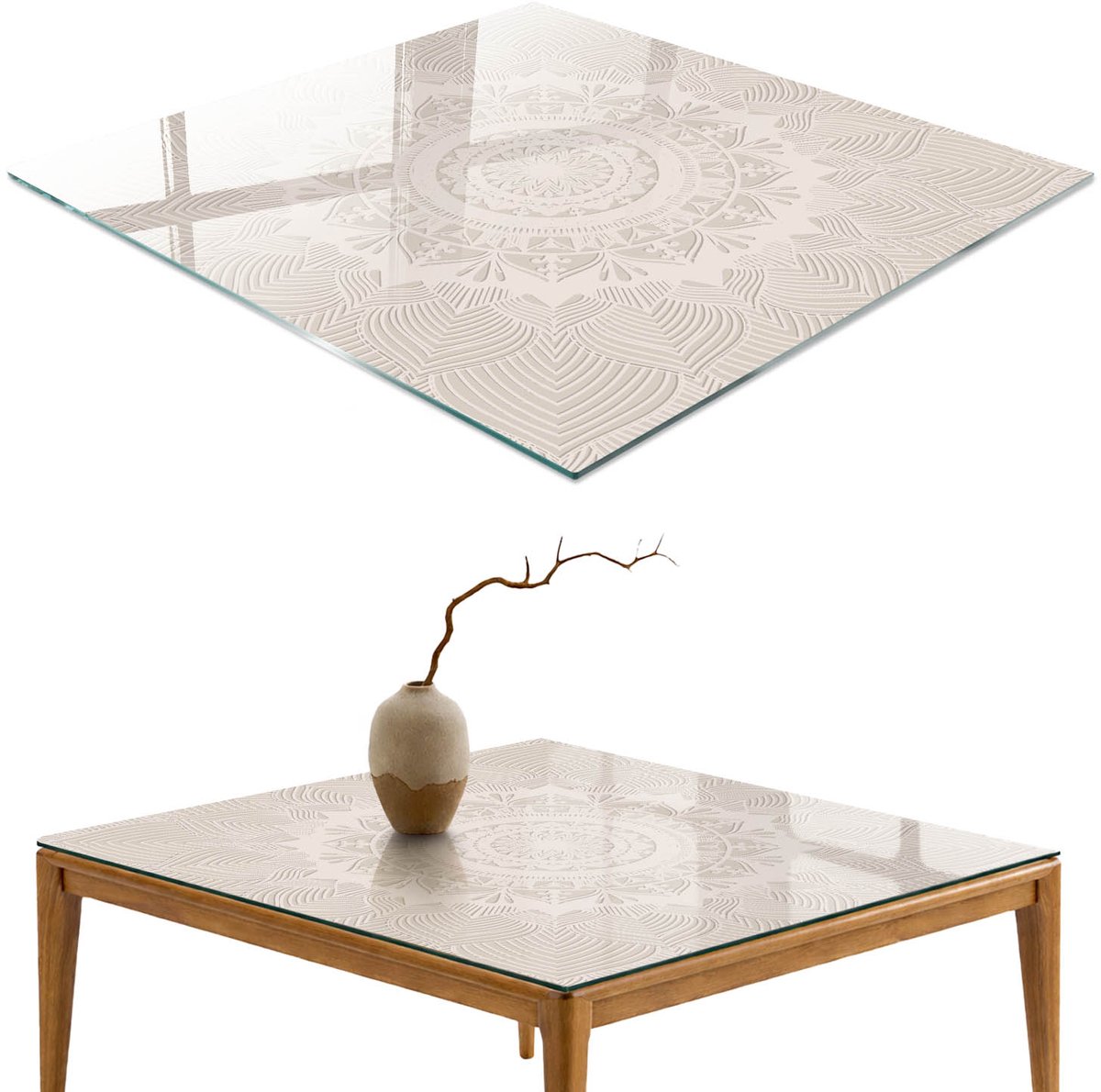 ArtPrintCave Beige mandala Glazen Tafelblad - 50x50 cm - Tafelblad Vierkanten - Beige Bureaublad - Abstractie Bureaublad