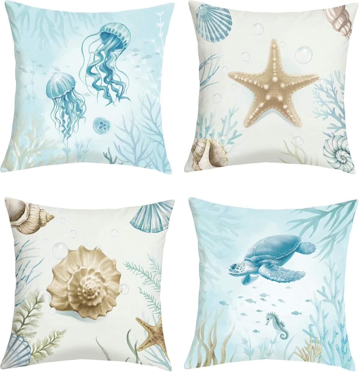 Zomer Kussenhoezen met Zeedieren 45x45cm Set van 4 - Onderwater Decoratie met Schildpad, Medusa en Sterfishes voor Sofa en Kussens