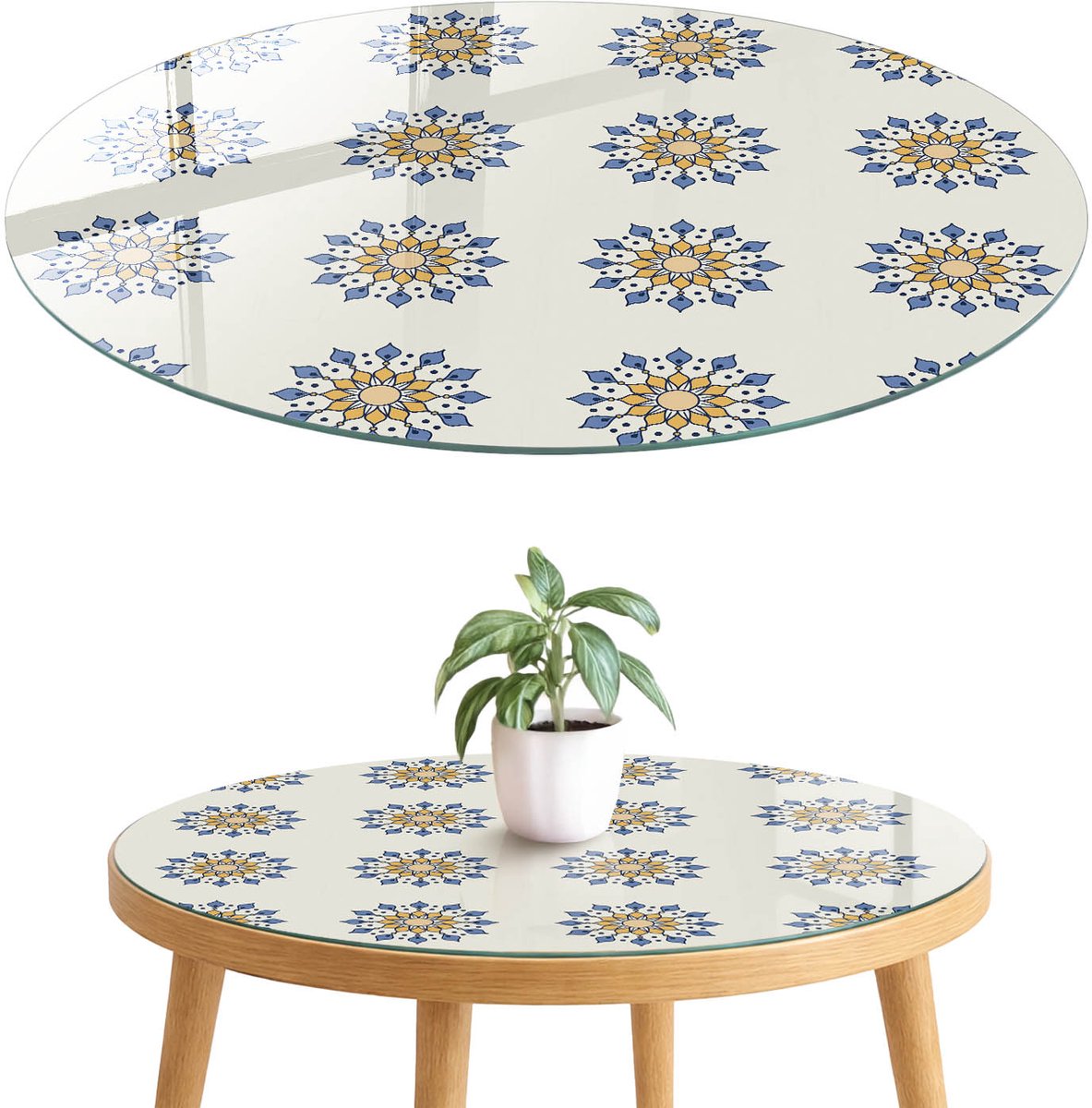 ArtPrintCave Symmetrische mandala's Glazen Tafelblad fi70 cm - Tafelblad Rond - Beige Terrastafel - Achtergronden en patronen Terrastafel