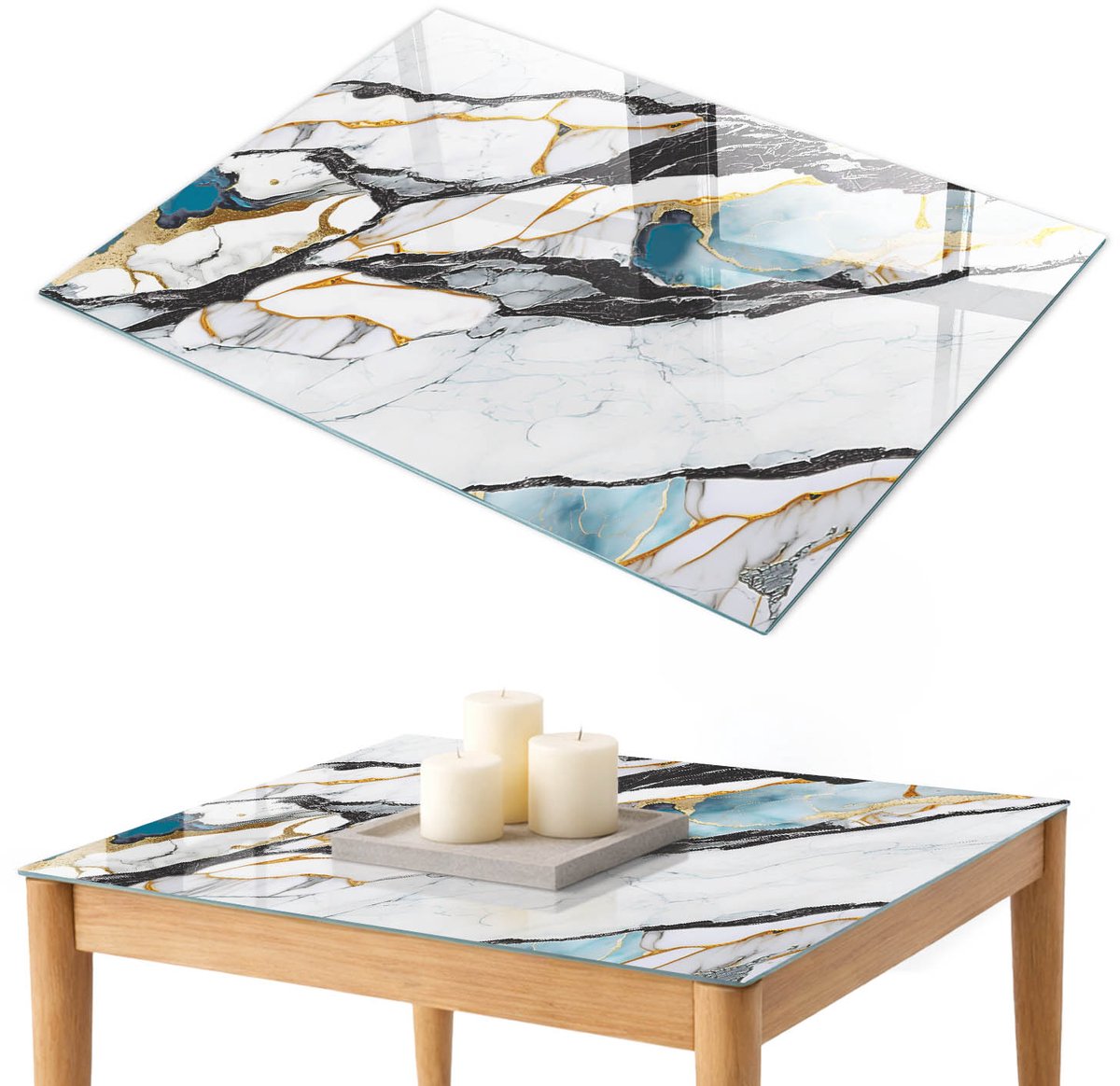 ArtPrintCave Luxueus marmer Glazen Tafelblad 100x70 cm - Tafelblad Rechthoek - Zwart Glazen Eettafel - Abstractie Glasplaat