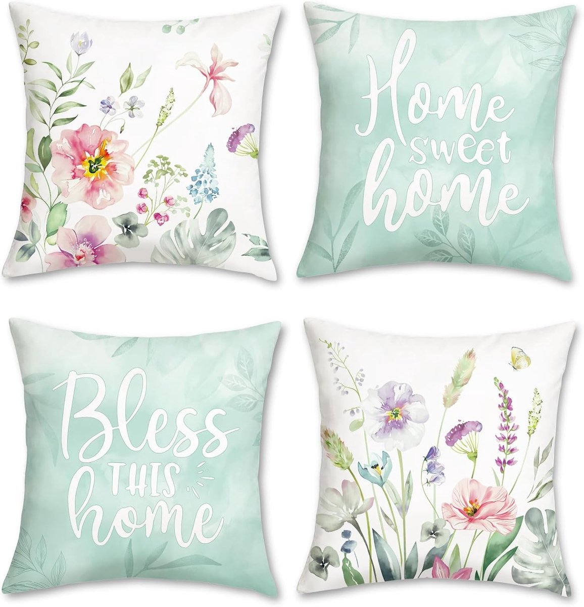Decoratieve Kussenhoezen met Waterverf Bloemen in Paars en Roze - Set van 4 - 45 x 45 cm voor Sofa, Bed en Tuin Decoratie