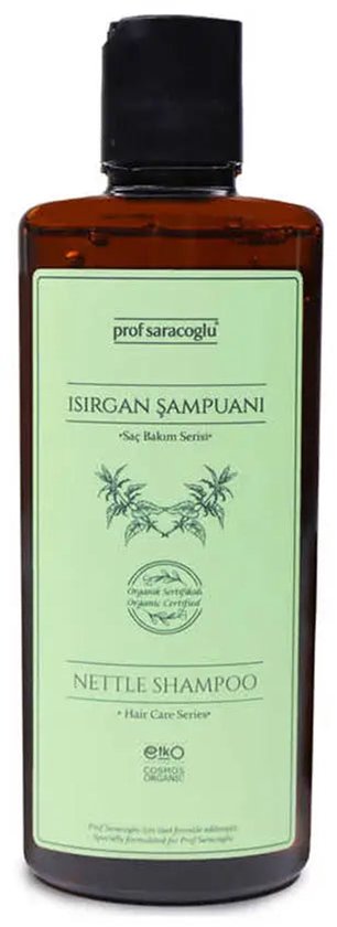 Bruine fles met netel shampoo van Prof Saracoglu, met groene labels.