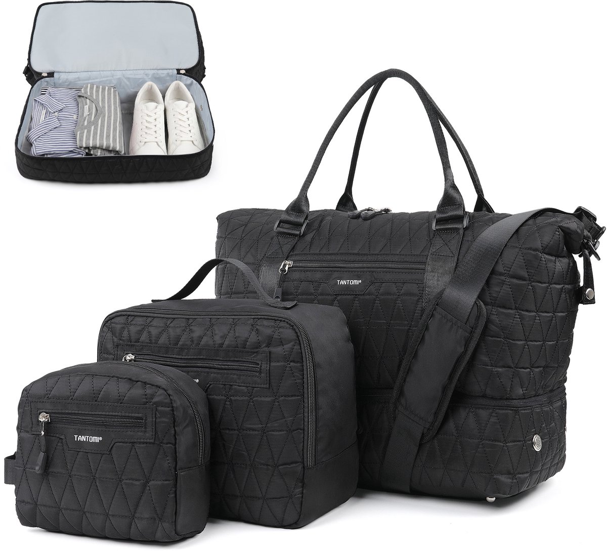 TANTOMI - Reistas - Handbagage Tas voor dames en heren - 46x23x35 cm - met make-uptas & toilettas - met schoenenvak - voor reizen, fitness, dagelijks gebruik en ziekenhuis - Weekendtas - Sporttas - Zwart