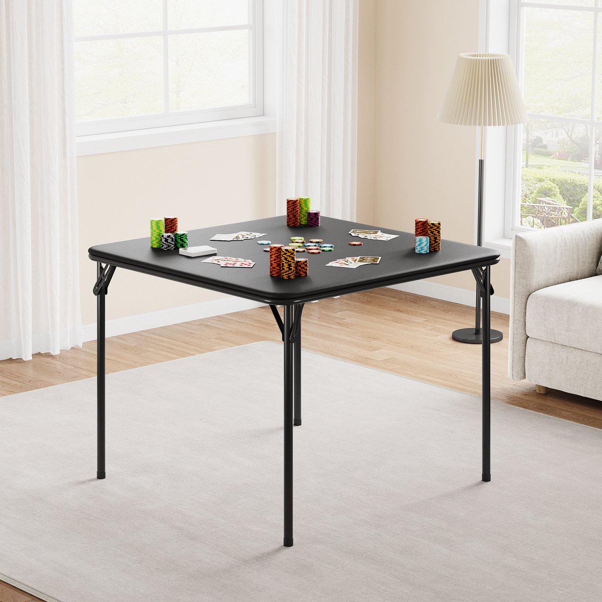 Inklapbare Kaarttafel met PU-Leren Kussen - 85x85 cm - Vierkante Speeltafel & Pokertafel - Stevig Metalen Frame - Belastbaar tot 150 kg - Geen Montage Nodig - Zwart (Zonder Stoelen)