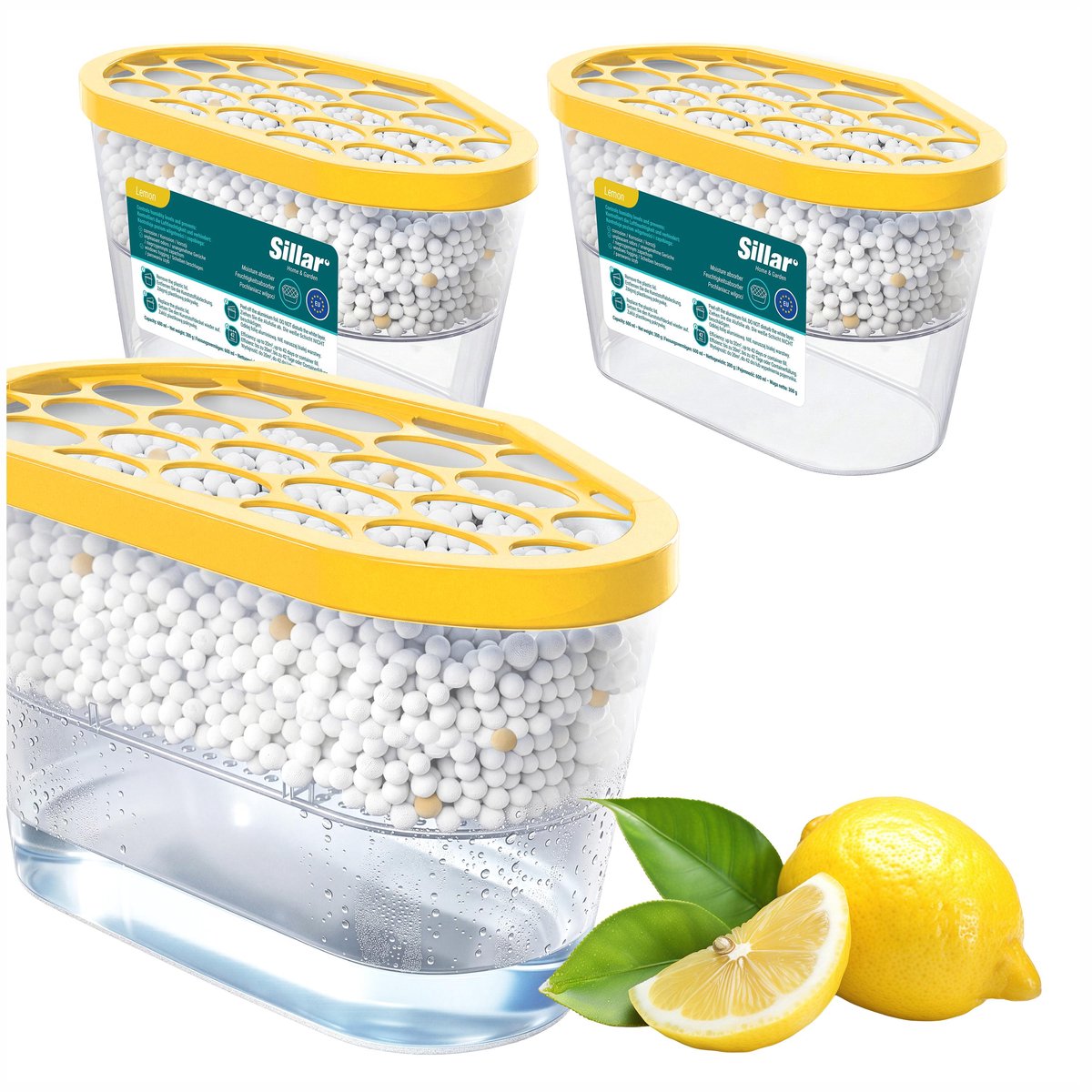 Sillar Set 3 vochtabsorbers 400ml - luchtontvochtiger - vochtopnemer voor kasten, kleerkasten, keuken, badkamer - citroengeur