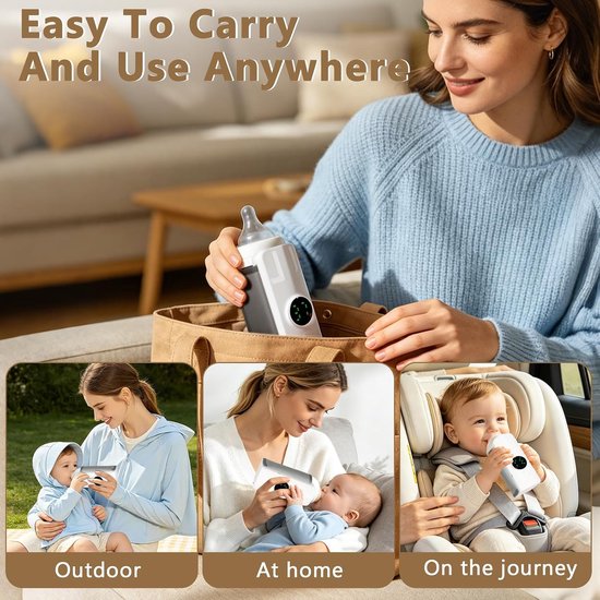 Witte USB babyfles verwarmhoes met klittenband en digitaal display, instelbaar van 30°C tot 55°C, draagbare constante warmte fleswarmer voor reis, auto en thuisgebruik — afbeelding 3