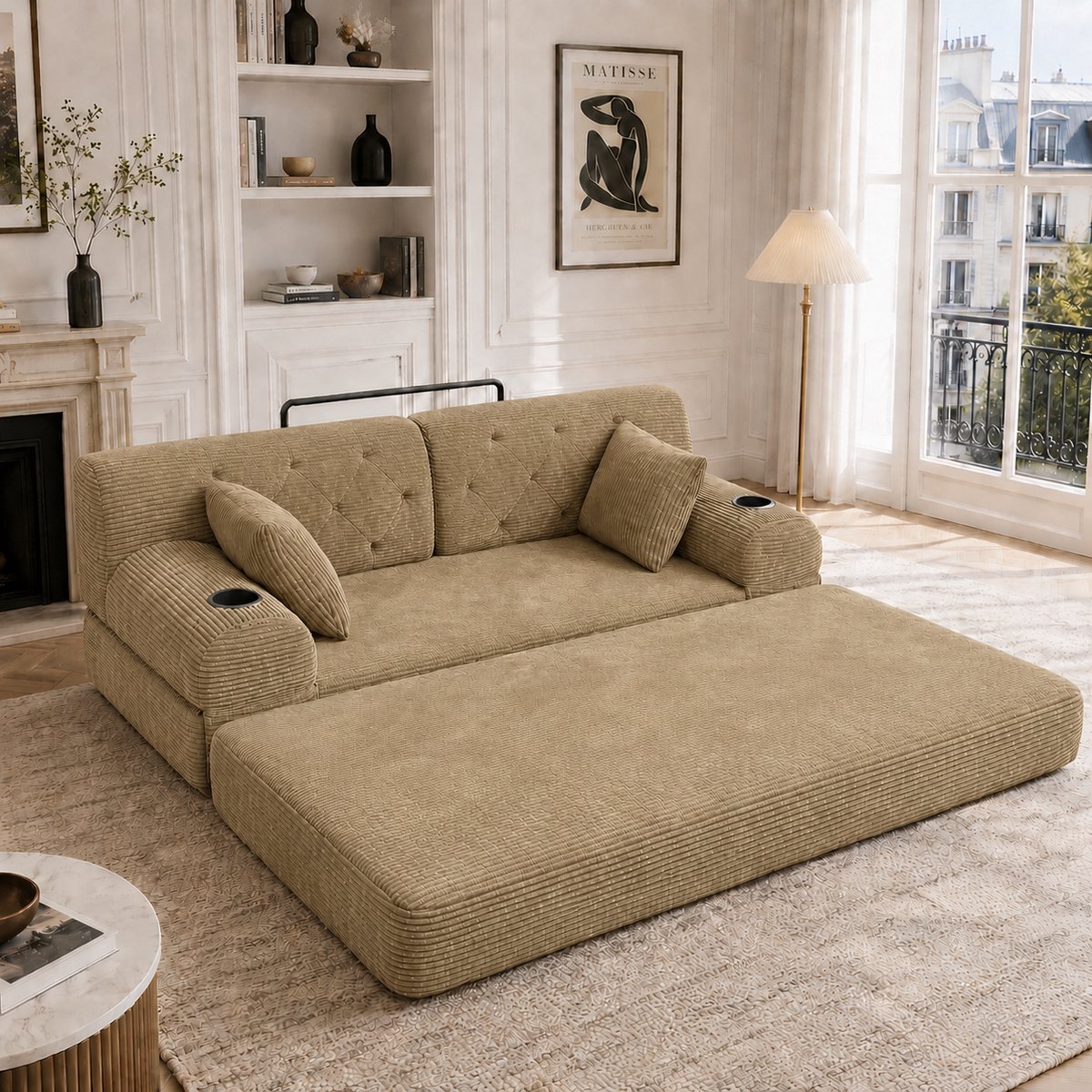 Slaapbank 2 Zits - Ribfluwelen Bank Met Hoge Rugleuning, Bekerhouders En Opbergtassen, Beige