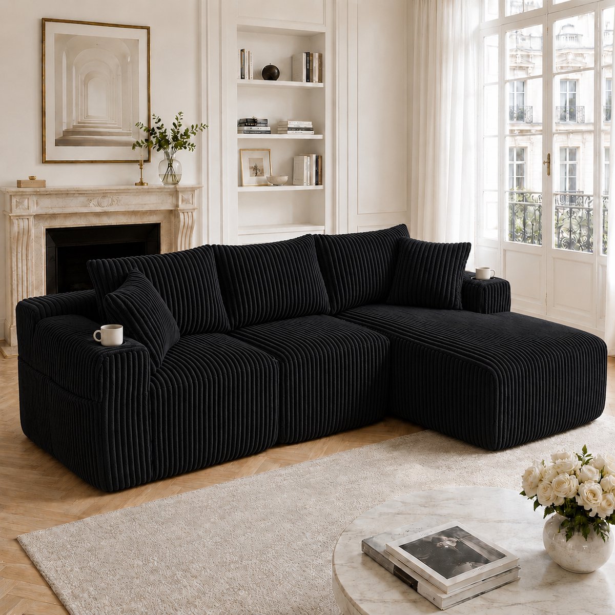 Modulaire 3-Zitsbank Ribstof Beige - Chaise Longue Bank Met 5 Kussens En Bekerhouder